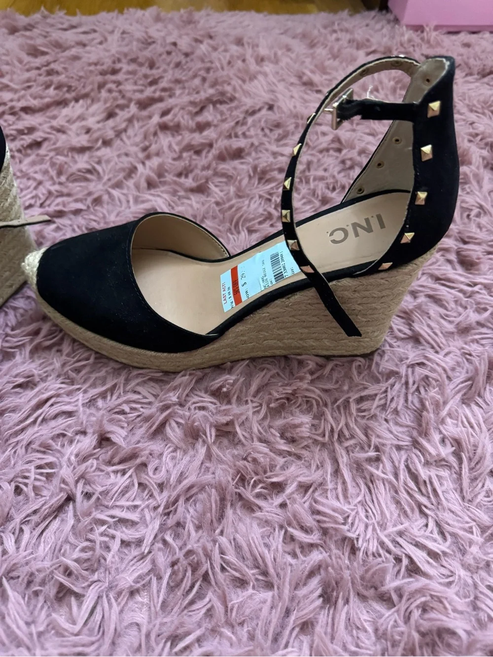 INC International Concepts Black and Gold Studded Espadrille Wedge Sandals